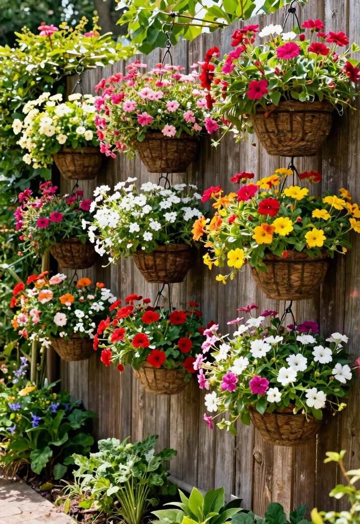 15 Beautiful Outdoor Garden Wall Art Inspiration 7. Colorful Hanging Baskets 0