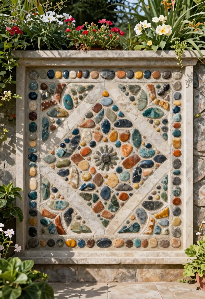 15 Beautiful Outdoor Garden Wall Art Inspiration 9. Artistic Stone Inlays 0