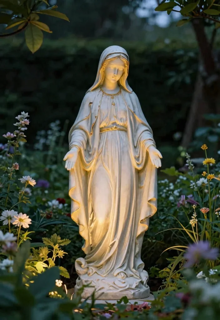 15 Bright Solar Powered Garden Path Lights Ideas 1. Luminous Virgin Mary Statue Under Soft Glow 0