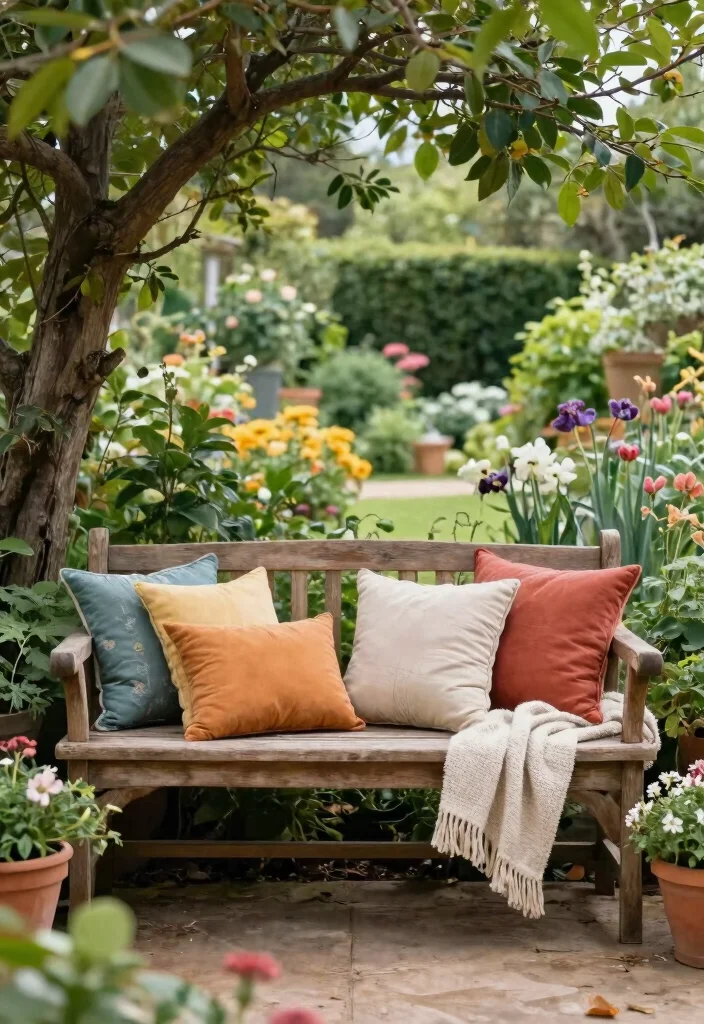 15 Cozy Patio Bench Ideas for Extra Outdoor Seating 1. Rustic Wooden Bench with Throw Pillows 0