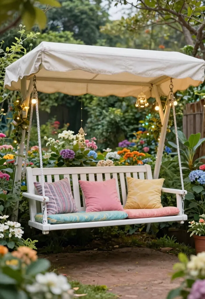 15 Cozy Patio Bench Ideas for Extra Outdoor Seating 11. Swinging Bench with Canopy 0
