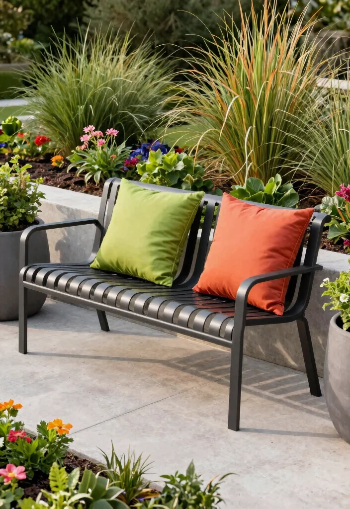 15 Cozy Patio Bench Ideas for Extra Outdoor Seating 2. Chic Metal Bench with Garden Accents 0