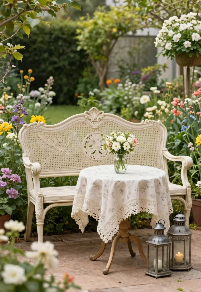 15 Cozy Patio Bench Ideas for Extra Outdoor Seating 3. Vintage Bench with a Garden Table 0