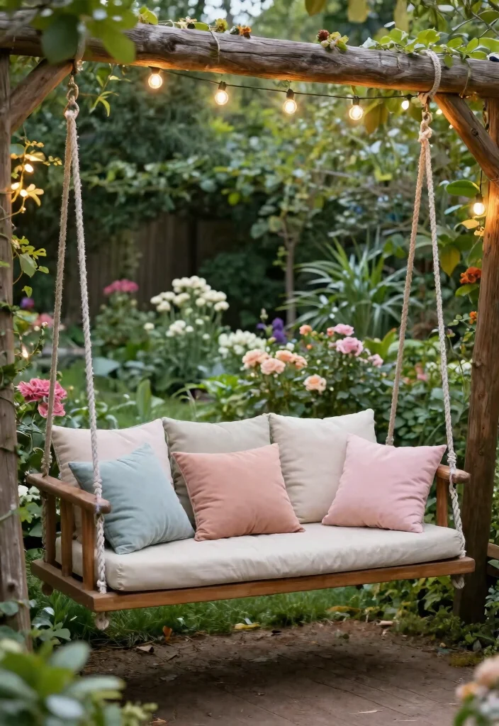 15 Cozy Patio Bench Ideas for Extra Outdoor Seating 4. Cushioned Bench Swing 0