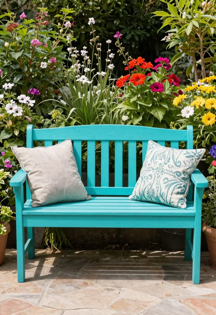 15 Cozy Patio Bench Ideas for Extra Outdoor Seating 5. Brightly Painted Patio Bench 0