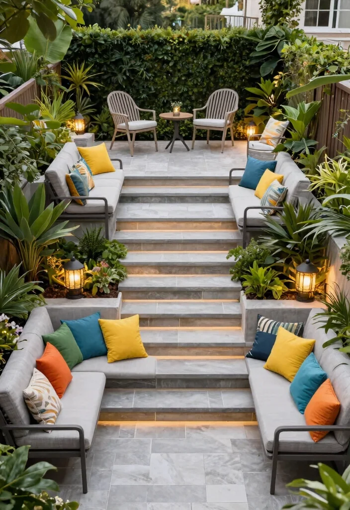 15 Cozy Patio Bench Ideas for Extra Outdoor Seating 8. Multi Level Seating with Steps 0