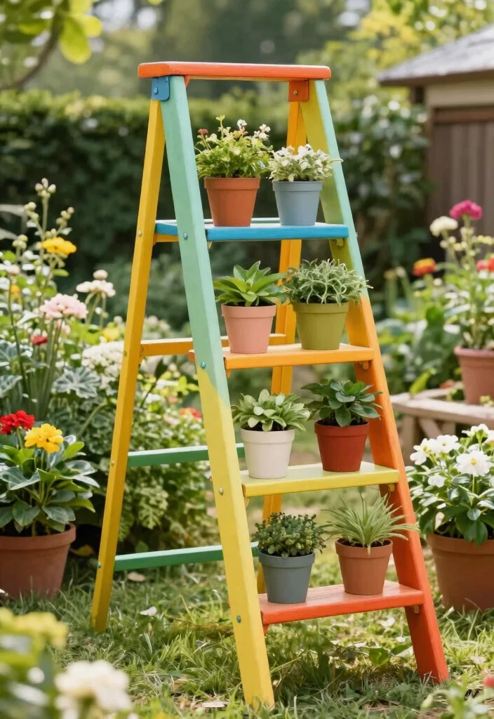 15 Creative Outdoor Shelving Ideas for Gardening Enthusiasts 14 15 Creative Outdoor Shelving Ideas for Gardening Enthusiasts 14. Colorful Ladder Plant Shelf 0