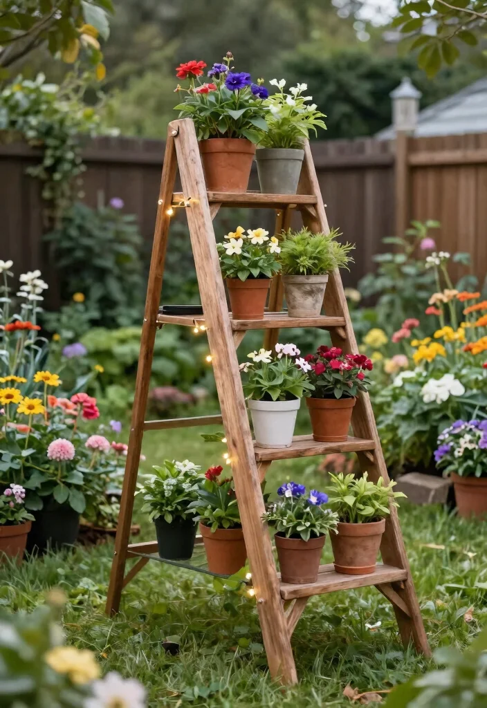 15 Creative Outdoor Shelving Ideas for Gardening Enthusiasts 6 15 Creative Outdoor Shelving Ideas for Gardening Enthusiasts 6. Rustic Ladder Display 0