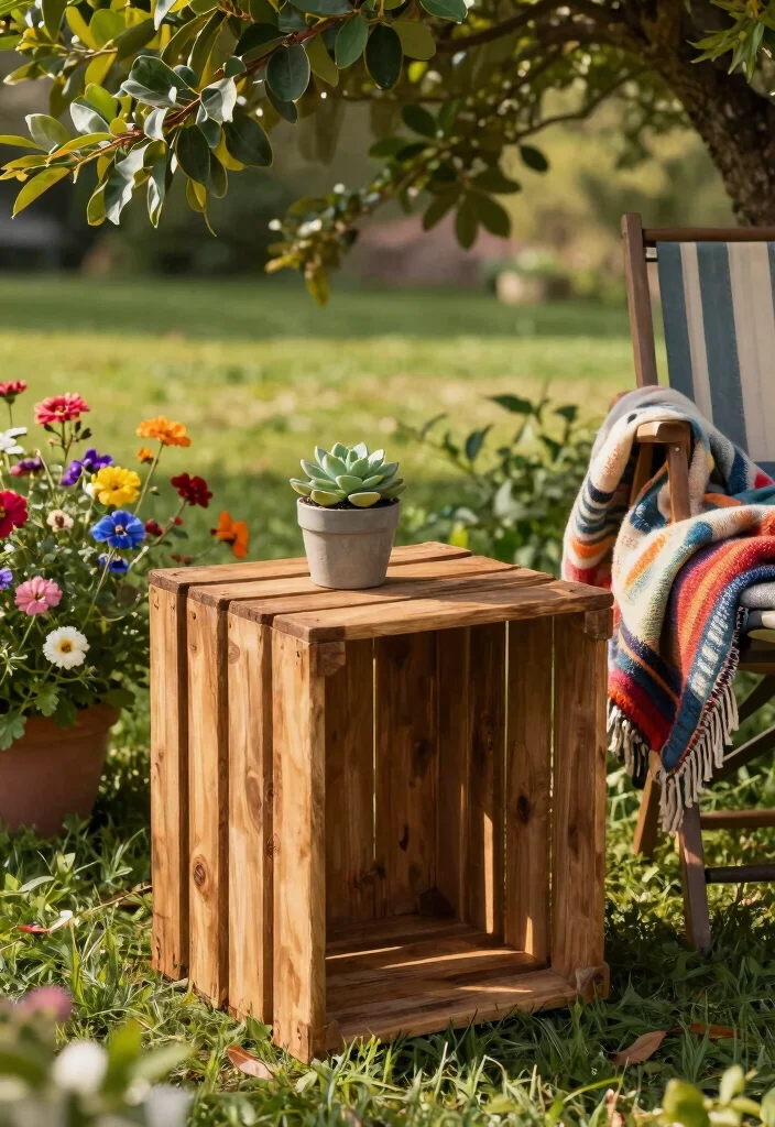 15 Handy Patio Side Table Ideas for Drinks and Books 1. Rustic Wooden Crate Table 0