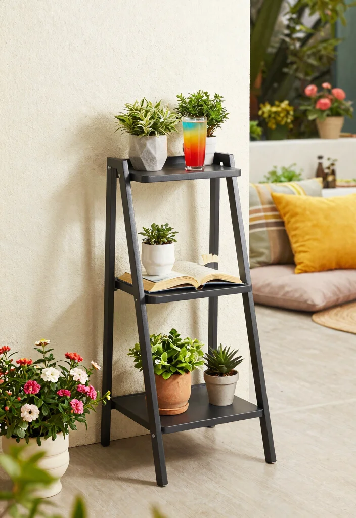 15 Handy Patio Side Table Ideas for Drinks and Books 12. Ladder Shelf Table 0
