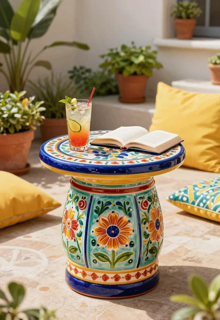 15 Handy Patio Side Table Ideas for Drinks and Books 14. Ceramic Garden Table 0