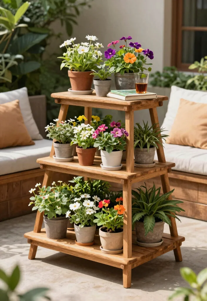 15 Handy Patio Side Table Ideas for Drinks and Books 3. Multi tiered Plant Table 0