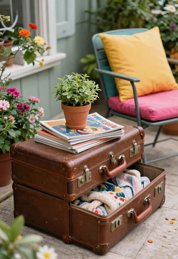 15 Handy Patio Side Table Ideas for Drinks and Books 5. Vintage Suitcase Table 0