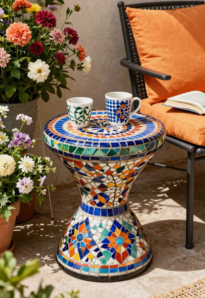 15 Handy Patio Side Table Ideas for Drinks and Books 7. Colorful Mosaic Table 0