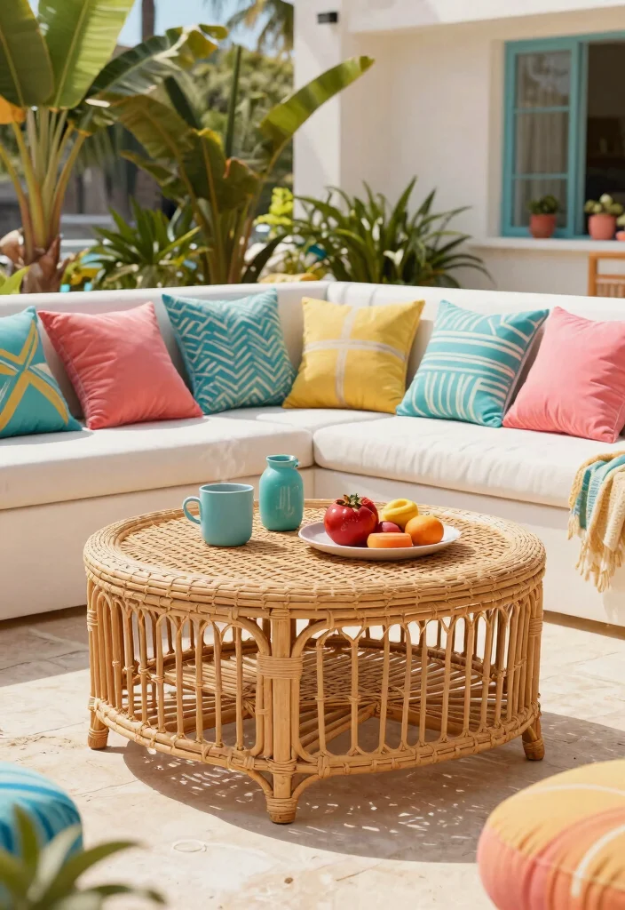 15 Modern Patio Coffee Table Ideas for Lounge Areas 11. Beachy Rattan Tables 0