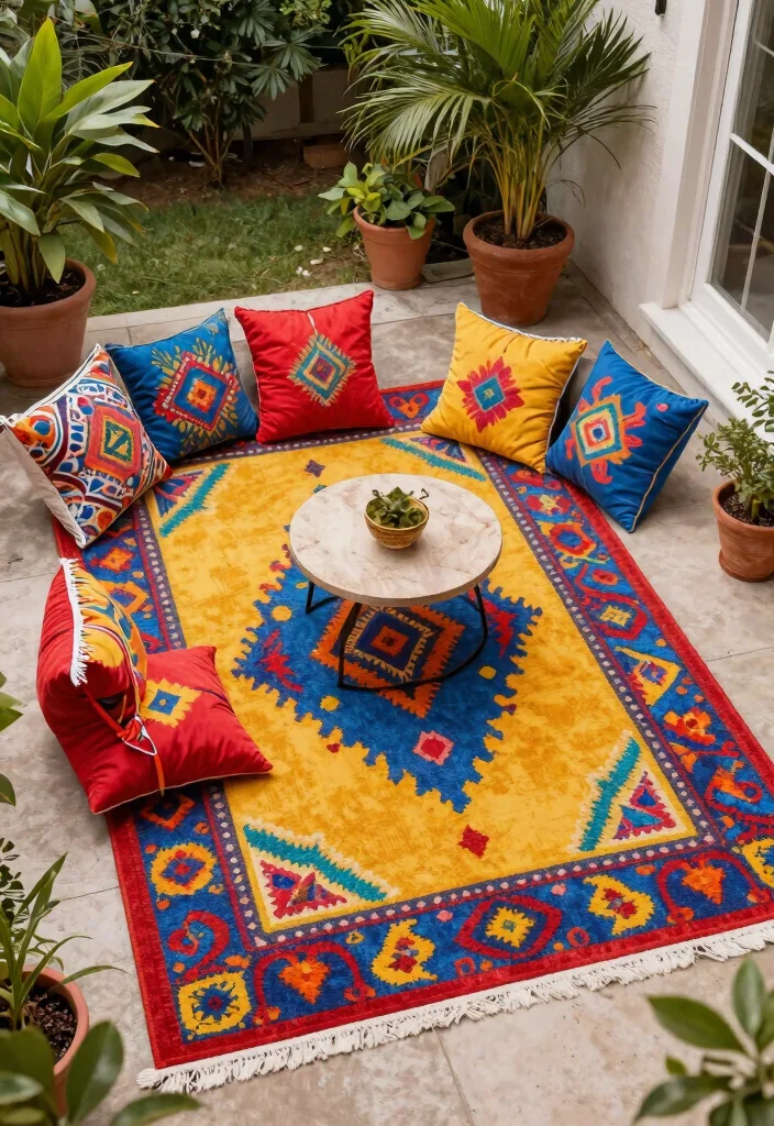 15 Pro Patio Set Up Ideas for Small Space Gardening Solutions 4. Colorful Outdoor Rugs 0
