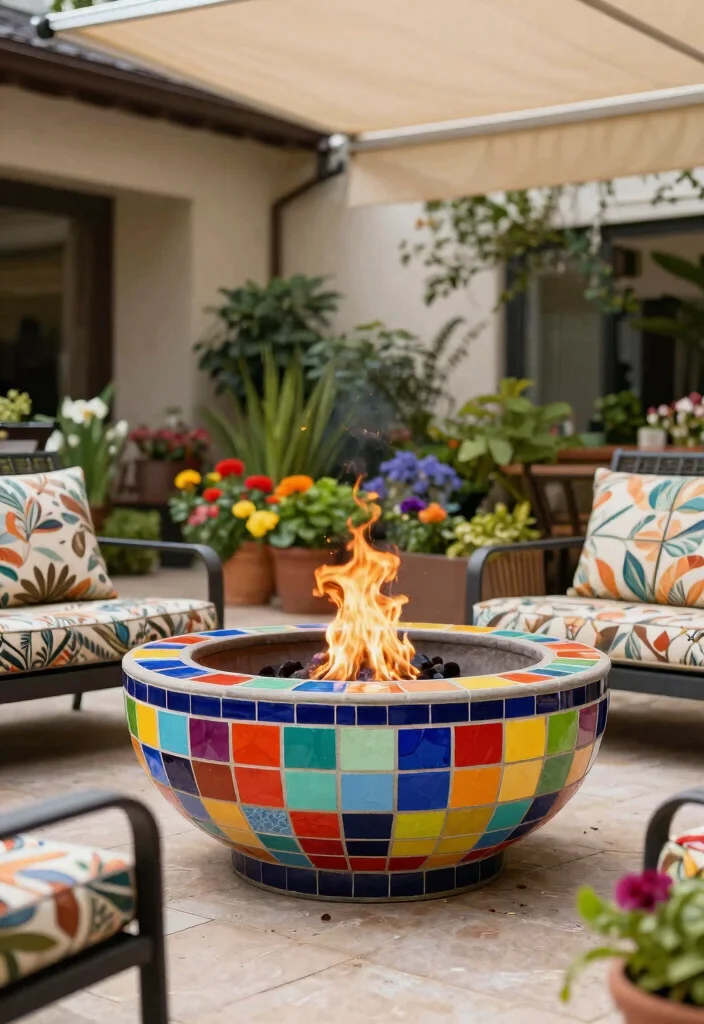 15 Stunning Outdoor Fire Bowl Patio Ideas for Ambiance 10. Fire Bowl with Mosaic Tile Design 0