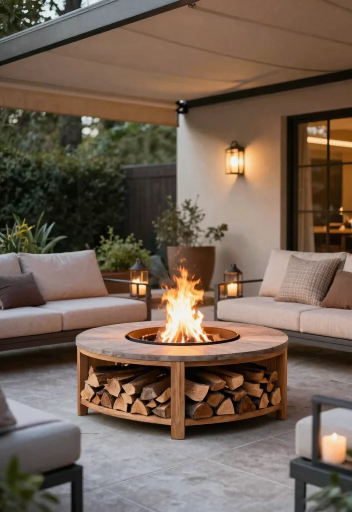 15 Stunning Outdoor Fire Bowl Patio Ideas for Ambiance 12. Fire Bowl with Wood Storage 0