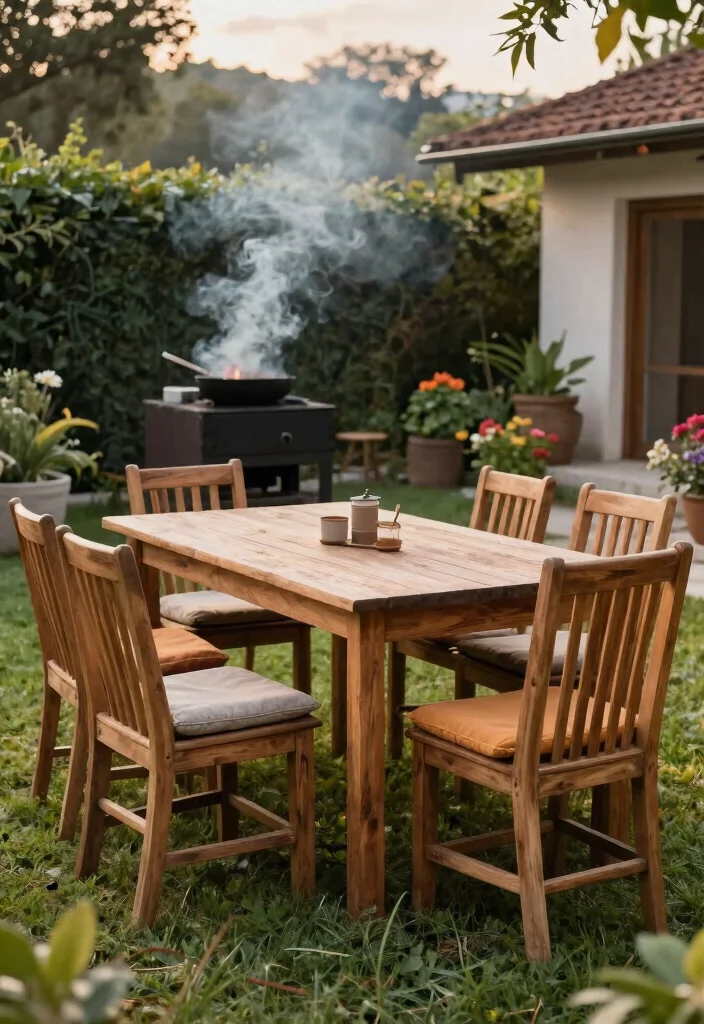15 Ultimate Offset Smoker Ideas for Backyard Pitmasters 1. Rustic Teak Dining Set for the Ultimate Barbecue 0