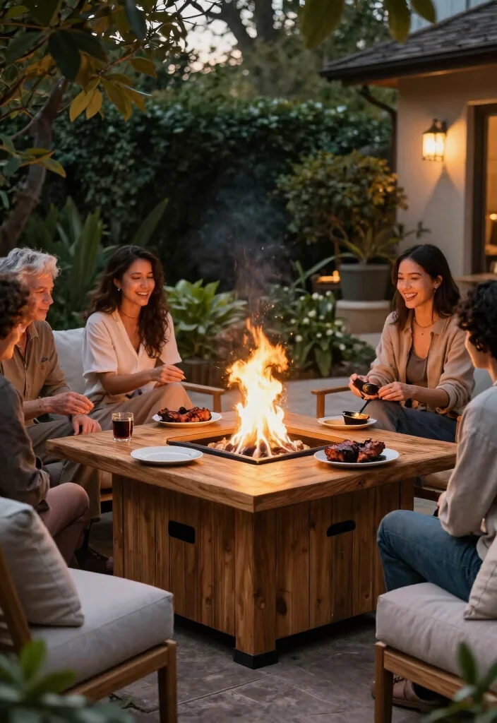 15 Ultimate Offset Smoker Ideas for Backyard Pitmasters 7. Teak Fire Pit Table for Warm Gatherings 0