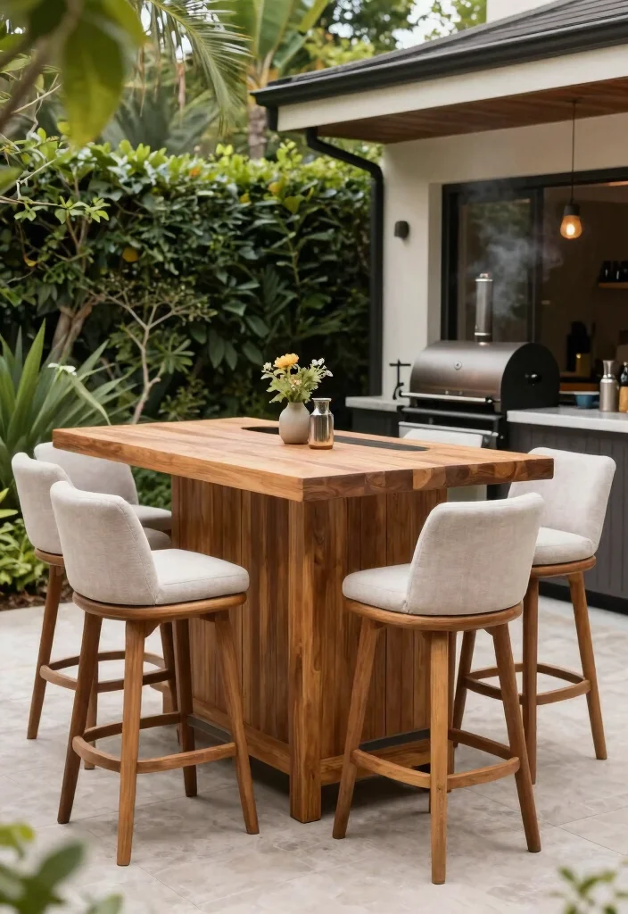 15 Ultimate Offset Smoker Ideas for Backyard Pitmasters 8. Chic Teak Bar Seating for Outdoor Entertaining 0