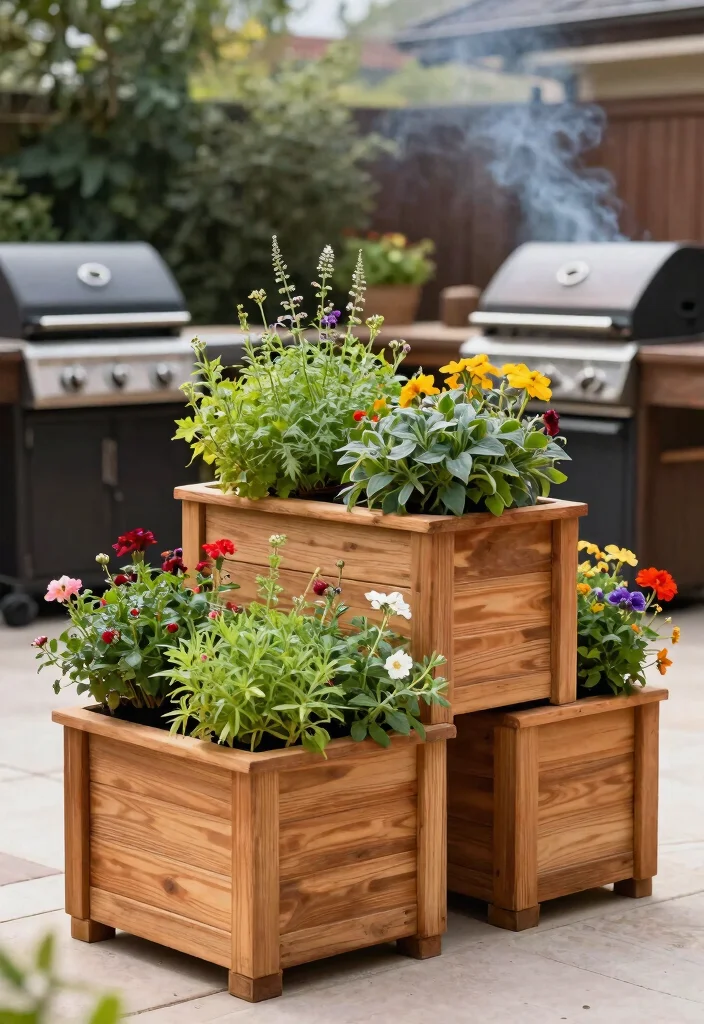 15 Ultimate Offset Smoker Ideas for Backyard Pitmasters 9. Incorporate Teak Planters for a Lush Look 0