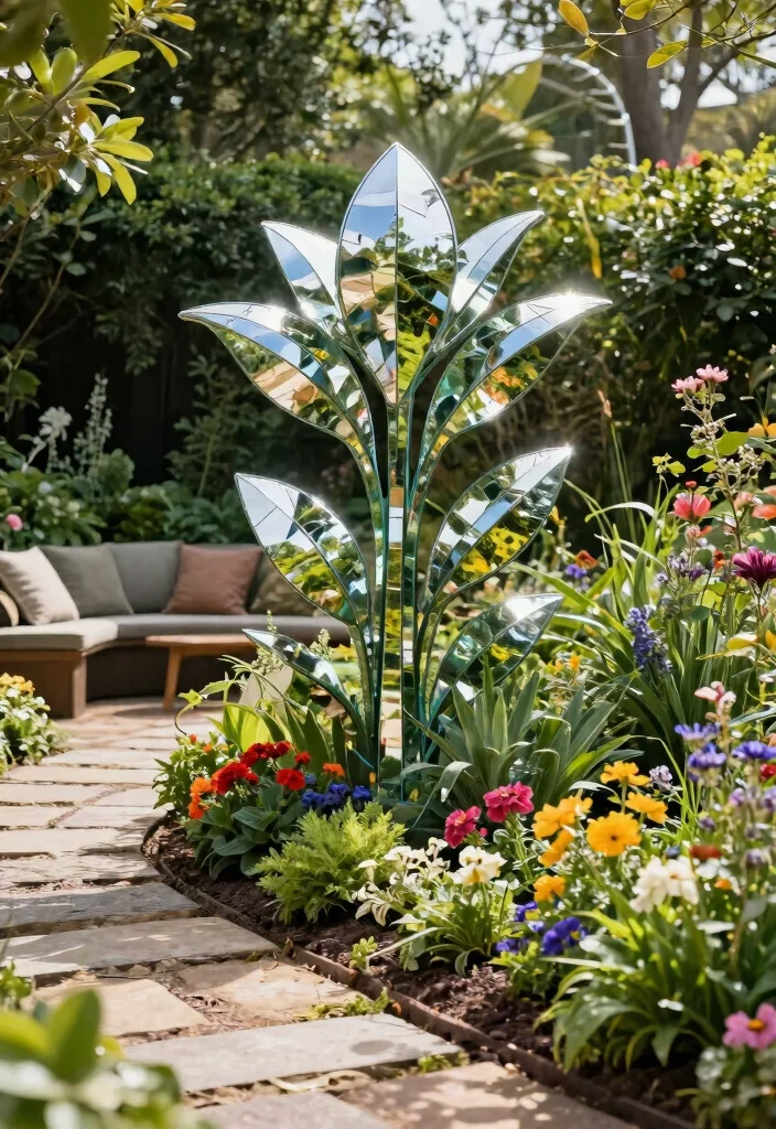 15 Unique Outdoor Mirror Inspiration for Your Secret Garden 4. Mirrored Garden Sculpture for Artistic Flair 0
