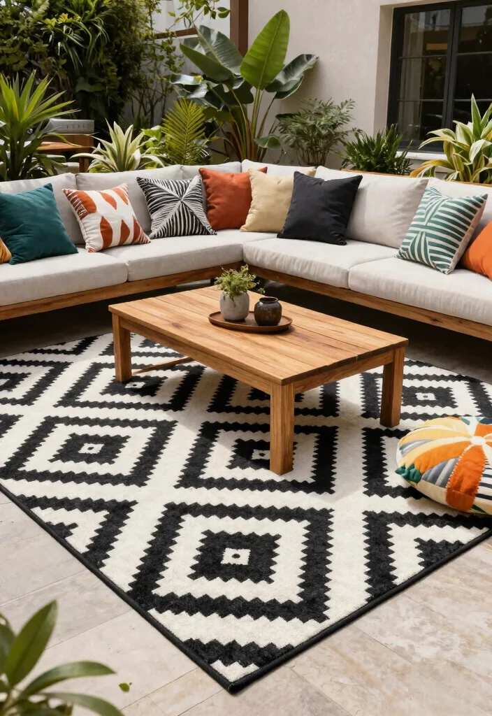 21 Beautiful Outdoor Patio Rug Ideas to Anchor Your Space 1 21 Beautiful Outdoor Patio Rug Ideas to Anchor Your Space 1. Bold Geometric Patterns 0
