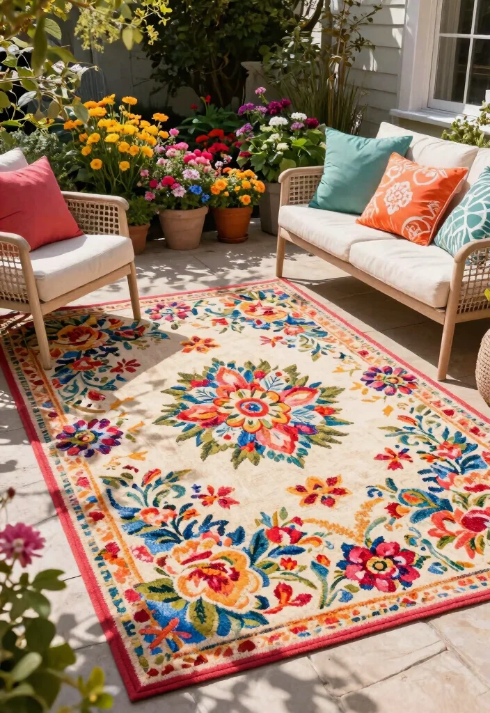 21 Beautiful Outdoor Patio Rug Ideas to Anchor Your Space 16 21 Beautiful Outdoor Patio Rug Ideas to Anchor Your Space 16. Floral Motifs 0