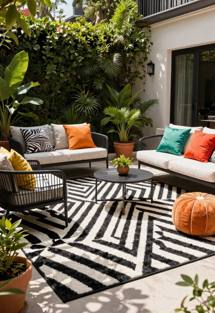 21 Beautiful Outdoor Patio Rug Ideas to Anchor Your Space 6 21 Beautiful Outdoor Patio Rug Ideas to Anchor Your Space 6. Classic Black and White 0