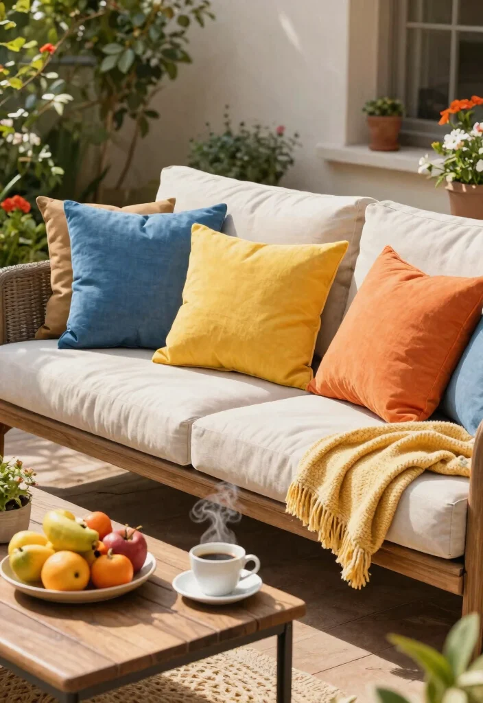 21 Comfortable Patio Sofa Ideas for Outdoor Living 15. Sofa with Colorful Throws and Pillows 0