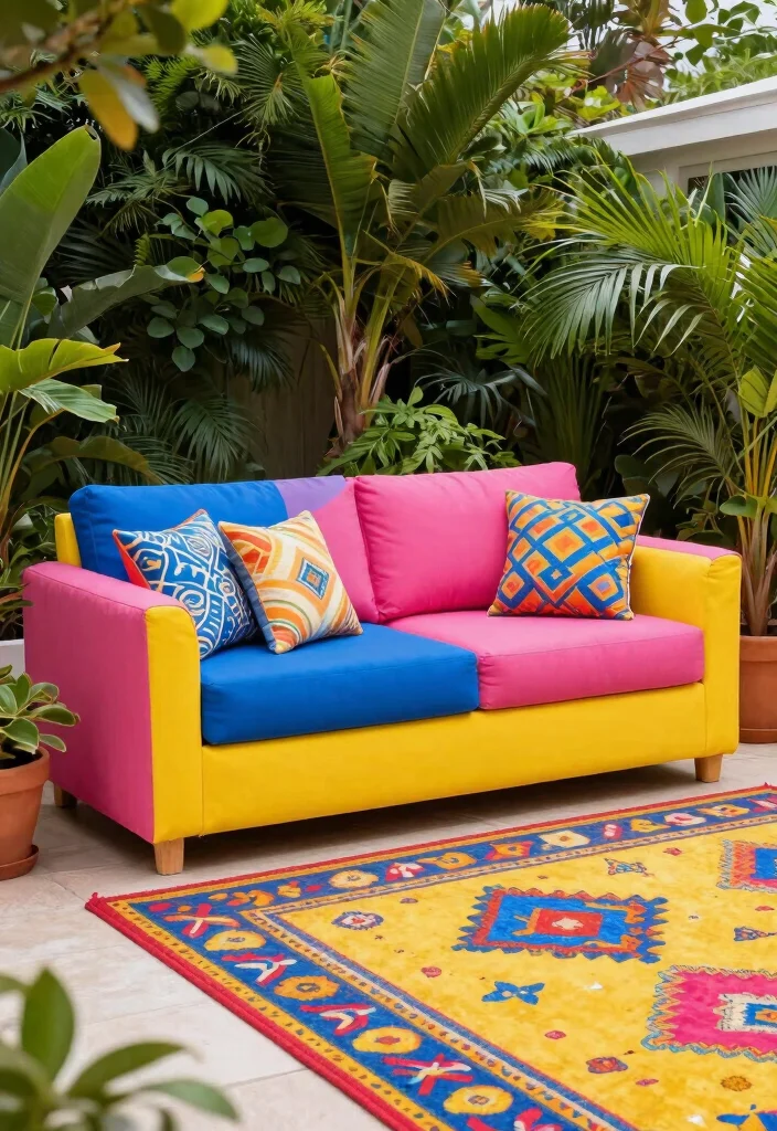 21 Comfortable Patio Sofa Ideas for Outdoor Living 19. Color Blocked Sofas for a Bold Statement 0