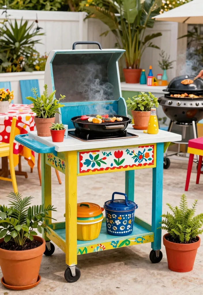 21 Epic Grill Trolley Ideas for Your Outdoor Kitchen 16. Colorful Painted Trolley 0