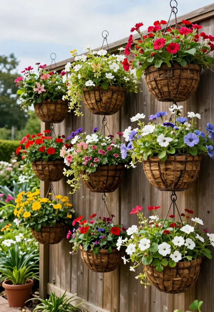 21 Stunning Outdoor Wall Art Ideas to Decorate Fences 5. Hanging Baskets 0