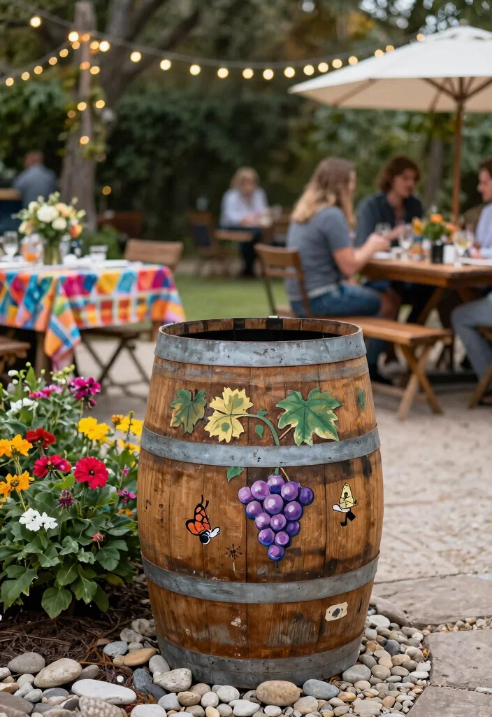 7 Clever Outdoor Party Trash Can Ideas Keep Clean 1. Upcycled Wine Barrel Bins 0
