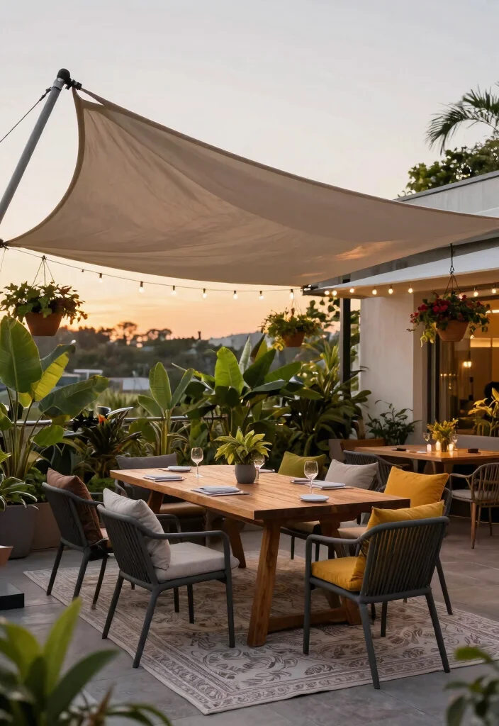 9 Covered Deck Concepts Pergola Roof Retractable Awning 1. Lush Garden Retreat with a Sail Shade 0