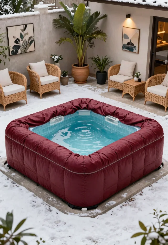 9 Heavy Duty Swim Spa Cover Ideas for Winter 7. Elegant Hard Cover with Rattan Detailing 0