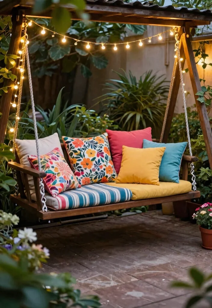 9 Romantic Patio Swing Decorating Ideas with Fairy Lights 1. Cozy Cushion Wonderland 0