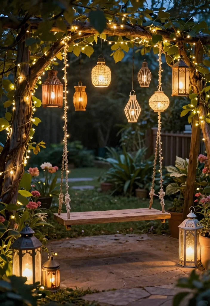 9 Romantic Patio Swing Decorating Ideas with Fairy Lights 2. Lantern Love 0