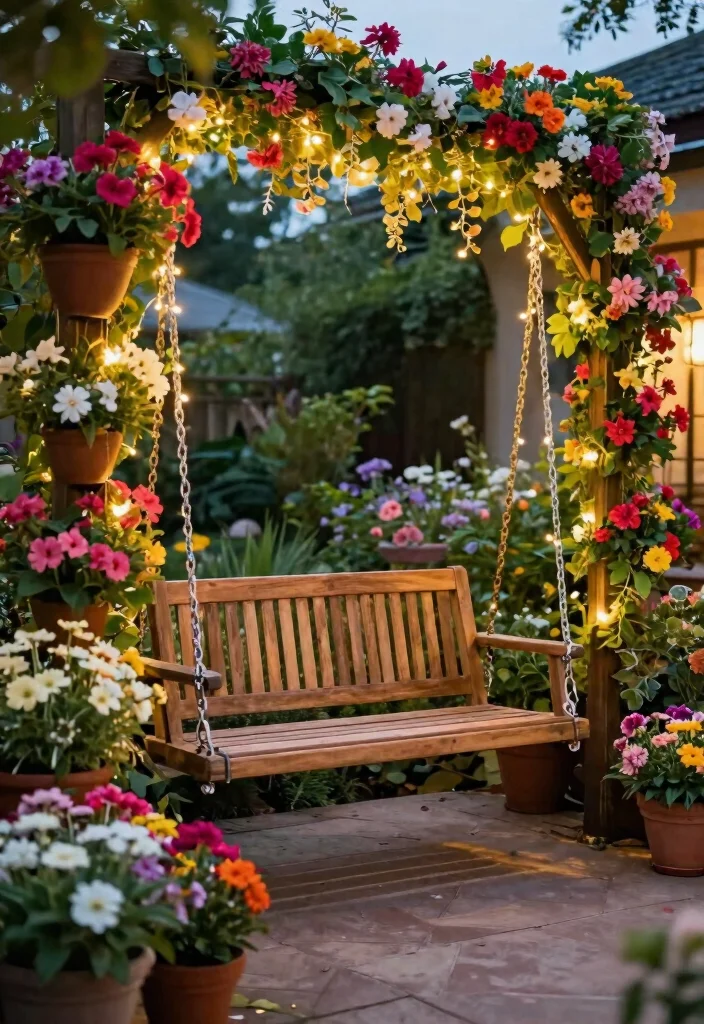 9 Romantic Patio Swing Decorating Ideas with Fairy Lights 3. Floral Fantasy 0