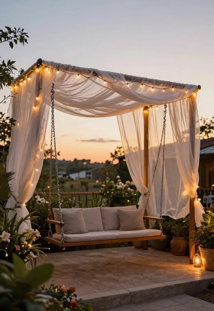 9 Romantic Patio Swing Decorating Ideas with Fairy Lights 4. Stylish Canopy 0