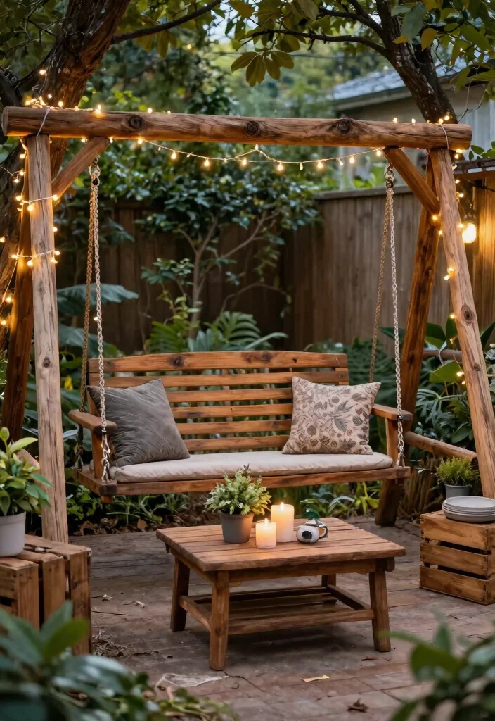 9 Romantic Patio Swing Decorating Ideas with Fairy Lights 5. Rustic Charm with Wood Accents 0