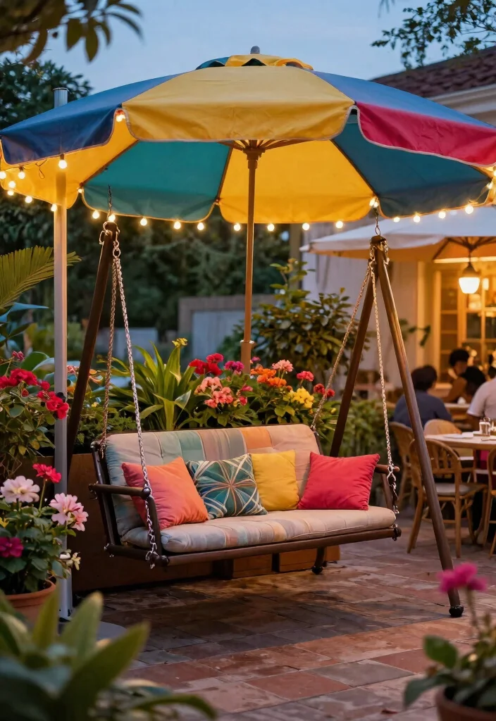 9 Romantic Patio Swing Decorating Ideas with Fairy Lights 8. Colorful Umbrella Shade 0