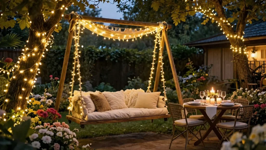 9 Romantic Patio Swing Decorating Ideas with Fairy Lights